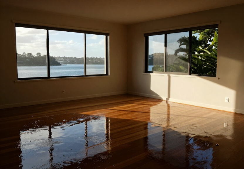 Flooded living room in Middleton Grange before restoration