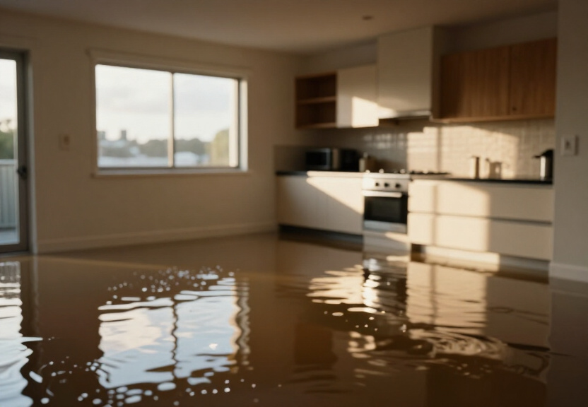 Flooded warehouse in Middleton Grange with standing water